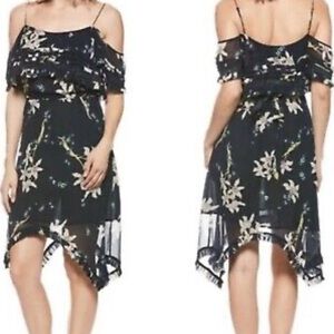 PAIGE Womens Sahar Cold Shoulder 100% Silk Hi-Low Dress Rich Navy Orchid Sz XS.